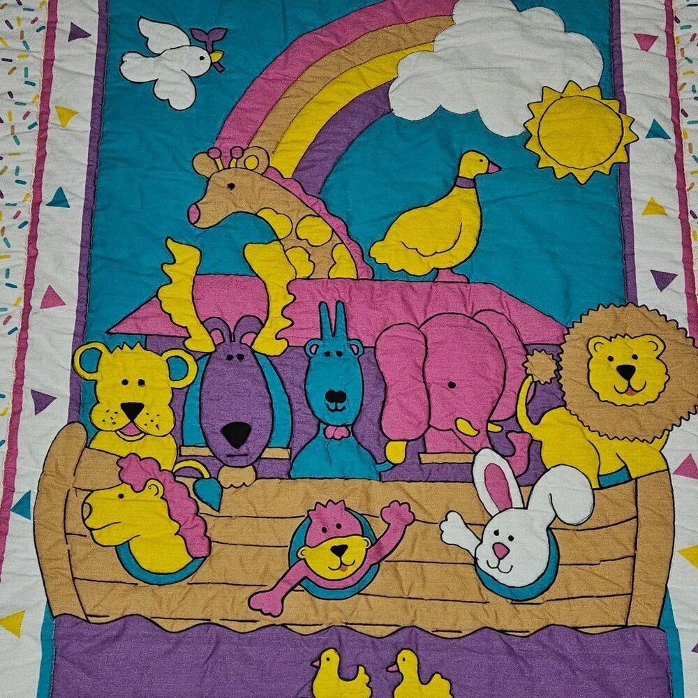 VTG 1990s Noah's Ark Baby Blanket Comforter Wall Decor 31x40 Pink Purple Yellow